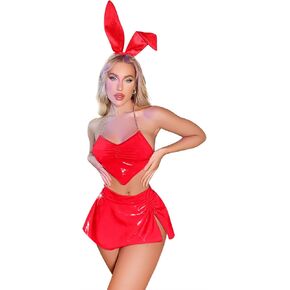 Women Bunny Ear Headband Crop Top G-String Mini Skirt Set Girl Sexy Bunny Cosplay Costume PU Leather Lingerie Set