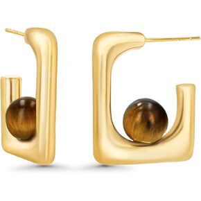 Thin Gold Open Square Hoops Statement Earrings with Brown Tiger Eye Stone for Women, Small Bold Handmade Exaggerated Irregular Trendy Jewelry Gifts, Simple Geometric Post Hoop Huggie Summer Beach Fashion Earrings Accessories, Dainty Vintage Nickle Free Da