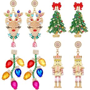 4 Pairs Christmas Enamel Earrings for Women Christmas Sparkly Crystal Stud Earrings Beaded Christmas Tree Reindeer Drop Dangle Earrings Set for Party Earrings