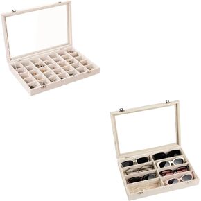 Frebeauty Velvet Jewelry Tray 35 Grid Jewelry Organizer,Velvet Sunglass Organizer with Clear Lid with Clasp Drawer Insert for Rings Studs Gift for Women Girls(Beige)