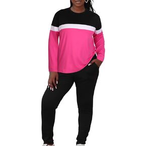 LovelyWholesale Plus Size 2 Piece Outfits for Women Long Sleeve Tops and Pants Set Color Block Tracksuit