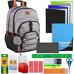 Summit Ridge Laptop Backpack with Supplies | 19 Inch Dual Compartment Backpack with Earbud Case Holder/Mini Backpack Wallet Keychain & 30 Piece Stationery Set