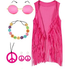60s 70s Outfits Hippie Costume Set Kid Girls Fringe Tassel Vest with Earring Headband Glasses