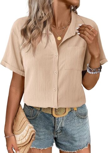 Zeagoo Womens Short Sleeve Button Down Shirt Casual Loose Fit Blouses Chest Pocket V Neck Collared Summer Tops in Saudi Arabia