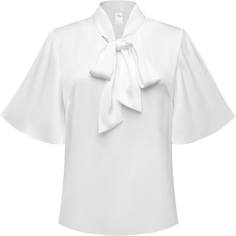 Women Bow Tie Neck Ruffle Short Sleeve Blouse Summer Casual Shirt Tops in Saudi Arabia
