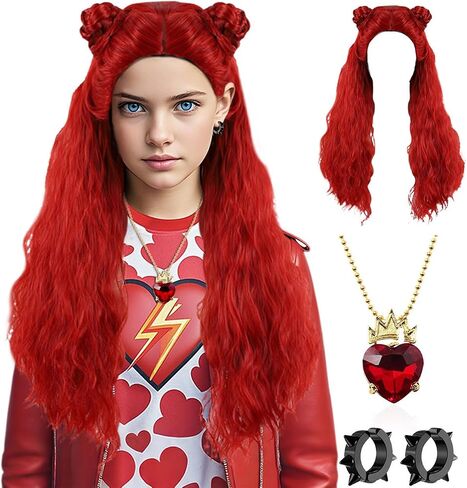 24" Vibrant Red Wavy Wig with Braided Buns, Plus Earrings & Necklace - Perfect for Female Halloween Costumes, Cosplay, and Parties in Saudi Arabia