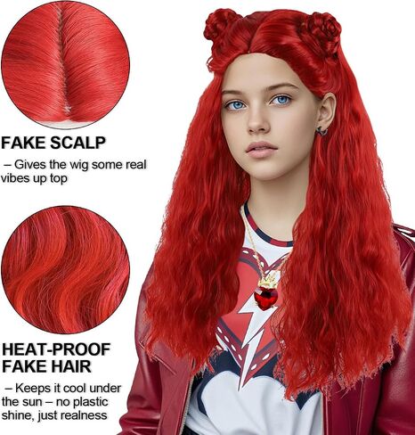 24" Vibrant Red Wavy Wig with Braided Buns, Plus Earrings & Necklace - Perfect for Female Halloween Costumes, Cosplay, and Parties in Saudi Arabia