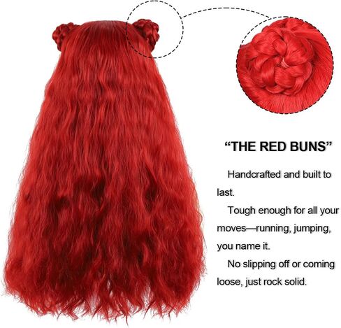 24" Vibrant Red Wavy Wig with Braided Buns, Plus Earrings & Necklace - Perfect for Female Halloween Costumes, Cosplay, and Parties in Saudi Arabia