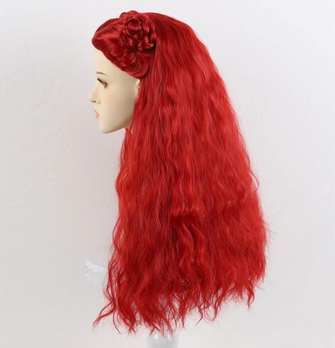 24" Vibrant Red Wavy Wig with Braided Buns, Plus Earrings & Necklace - Perfect for Female Halloween Costumes, Cosplay, and Parties in Saudi Arabia