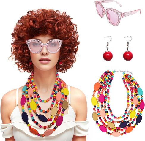 Curly Orange Red Cosplay Wig with Necklace Earrings Disco Sunglasses Halloween Cosplay Costume Accessories Set Women in Saudi Arabia