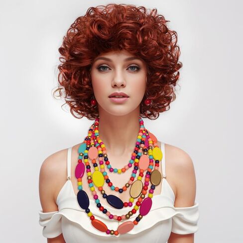 Curly Orange Red Cosplay Wig with Necklace Earrings Disco Sunglasses Halloween Cosplay Costume Accessories Set Women in Saudi Arabia