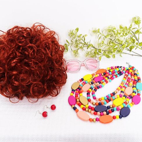 Curly Orange Red Cosplay Wig with Necklace Earrings Disco Sunglasses Halloween Cosplay Costume Accessories Set Women in Saudi Arabia