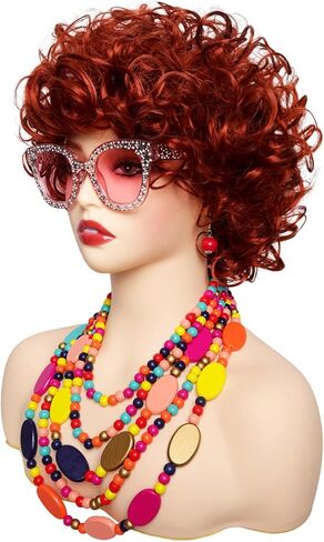 Curly Orange Red Cosplay Wig with Necklace Earrings Disco Sunglasses Halloween Cosplay Costume Accessories Set Women in Saudi Arabia