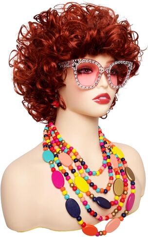 Curly Orange Red Cosplay Wig with Necklace Earrings Disco Sunglasses Halloween Cosplay Costume Accessories Set Women in Saudi Arabia