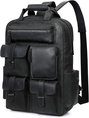 S-ZONE Men Genuine Leather Backpack Bag Vintage Casual Travel Daypack Multi Pockets Outdoor in Saudi Arabia