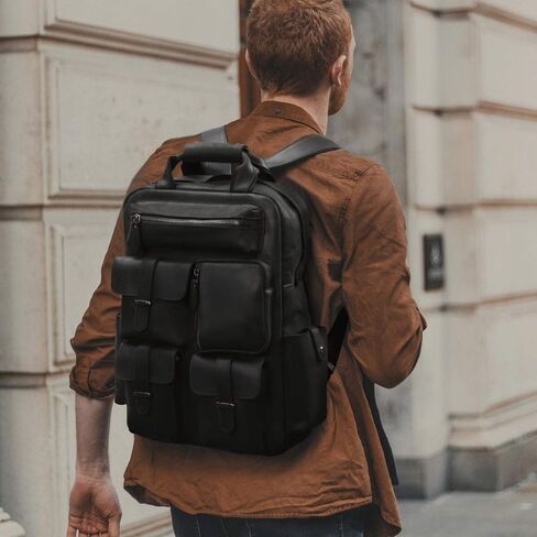S-ZONE Men Genuine Leather Backpack Bag Vintage Casual Travel Daypack Multi Pockets Outdoor in Saudi Arabia