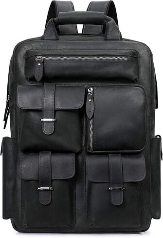 S-ZONE Men Genuine Leather Backpack Bag Vintage Casual Travel Daypack Multi Pockets Outdoor in Saudi Arabia
