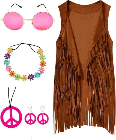 60s 70s Outfits Hippie Costume Set Kid Girls Fringe Tassel Vest with Earring Headband Glasses in Kuwait