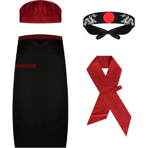 4PCS Hibachi Costume Cooking Accessories Halloween Teppanyaki Hat Apron Baker Kitchen Tie Headband Cosplay Party Men Women