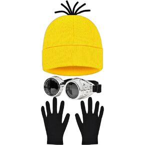 3Pcs Halloween Costume Accessories, Yellow Beanie Steampunk Goggles Round Glasses & Black Gloves Set for Men Women, Yellow Knit Hat Adult Halloween Cosplay Costume Party Supplies