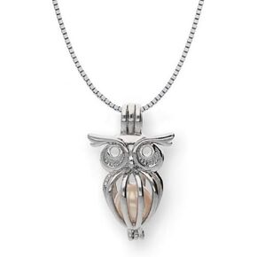 Pearlina Sterling Silver Owl Necklace Cage Cultured Pearl in Oyster Wish pearl Set 18"