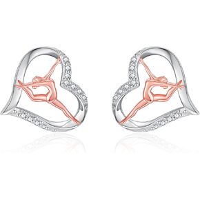 MANBU Sterling Silver Gymnastics Earrings Necklace Gymnast Heart Rose Gold Plated Jewelry Christmas Gymnastics Gifts for Daughter Granddaughter Gymnasts
