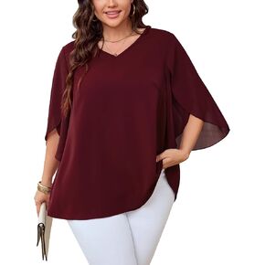 Women's Plus Size Tops 3/4 Sleeve Dressy Tops V Neck Chiffon Blouses Casual Loose Flowy Shirts