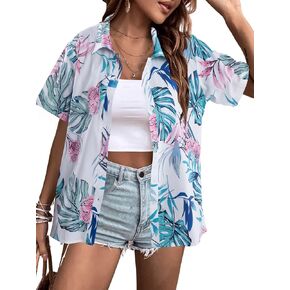 ASTANFY Hawaiian Shirt Women Hawaii T-Shirt Tropical Floral Printed V Neck Shirts Soft Cool Summer Beach Button Up Blouse