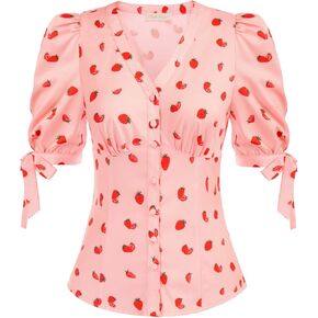 Belle Poque Women's V Neck Puff Sleeve Blouse Vintage Shirts for Women 1950s