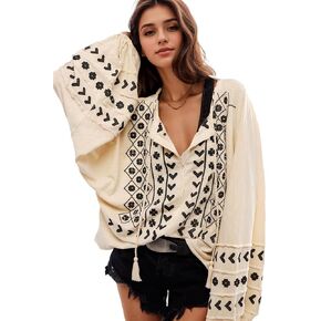 Kedera Womens Boho Embroidered Tops Floral Babydoll Tops Long Sleeve V Neck Peasant Blouses Mexican Shirt