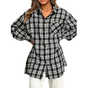 EXLURA Womens Plaid Flannel Shacket Long Sleeve Button Down Shirts Long Jackets Oversized Spring Fashion Outfits 2025 Clothes