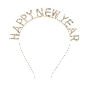 Soochat Rhinestone Happy New Year Headband Tiara Glitter New Year Hairband for New Year Eve Party Supplies (Gold)