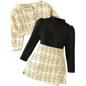 MakeMeChic Girl's 3 Piece Outfits Mock Neck Long Sleeve Tee Shirt with Plaid Mini Skirt and Jacket Set