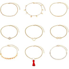 NVENF 9PCS Anklets for Women Layered Chain Ankle Bracelets Set Bohemia Heart Sequin Charm Anklets Adjustable Summer Beach Foot Jewelry