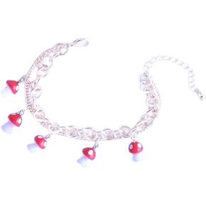Double Layer Mushroom Bracelet Anklet Cute Red Mushroom Pendant Bracelet Dainty Adjustable Combination Strand Stretch Bracelet Anklet for Women Gifts Jewelry