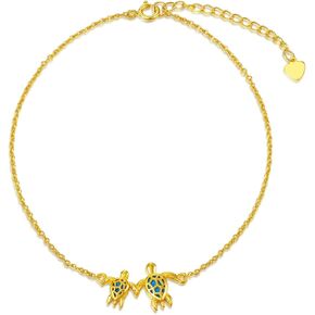 14K Real Gold Sea Turtle Anklet for Women, Yellow Gold Mother Daughter Turtle Anklets Bracelets Beach Foot Jewelry Birthday Christmas Gifts for Her Wife Girlfriend, 8+2 Inch