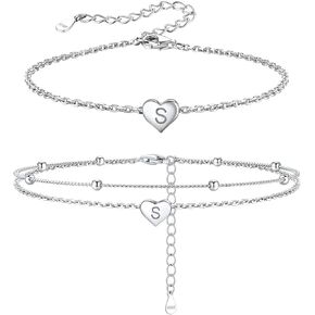 Silvora 925 Sterling Silver Heart Initial Anklet and Bracelet Set for Women, Alphabet A-Z Jewelry with Beadeds, Delicate Letter Charms Jewels Gift for Female BFF, for Birthday Party