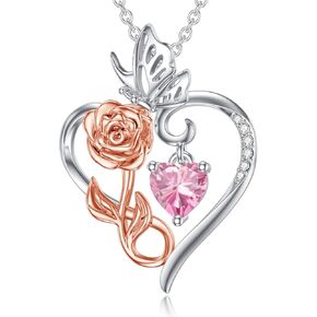 Valentine's Day Gift Rose Heart Birthstone Necklace for Women,925 Sterling Silver Flower Infinity Love Heart Pendant Necklaces for Mom Wife Her Jewelry for Anniversary Christmas Mothers Day