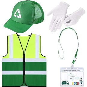 4 Pcs Waste Management Costume Kit Include Recycle Trash Vest Green Mesh Cap Garbage Truck ID Card Gloves for Adult Men Women Career Day Halloween Party Dress Up