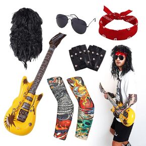 Halloween 80s Rocker Costume Set for Men Hippie Wig Tattoo Sleeve Gloves Headband Inflatable Guitar Punk Props Accessories(red)
