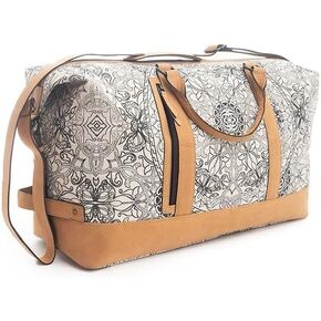 Myra Bag Western Leather Duffle Bag for Women - Upcycled Canvas Shoulder Travel Bag White, S-9795