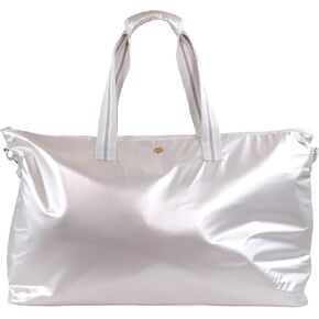White Duffle Bag With Top Zipper And Striped Handles - Simply Southern