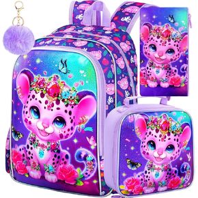 3Pcs Backpack for Girls, 16" Kids Bookbag with Lunch Box，Peacock School Backpacks for Elementary Preschool Kindergarten (Pink)