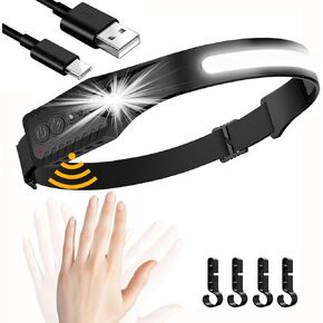 Rechargeable Headlamp, 230° Wide Beam LED Headlight Headband Flashlight with Motion Sensor, 350 Lumen Dual Led Strip Super Bright, 8 Modes Head Lamp Band for Running, Fishing, Hiking, Camping