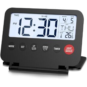AMIR Digital Travel Alarm Clock, Foldable Calendar Temperature Timer LCD Clock with Snooze, 12/24H, Battery Operated Desk Clock for Travel, Home & Office, Black
