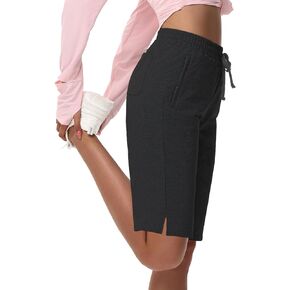 Women's 10" Cotton Bermuda Shorts - Jersey Long Sweat Knee Length Athletic Lounge Walking Summer Shorts with Zip Pocket
