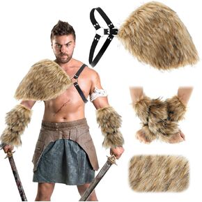 Geyoga 3 Pieces Halloween Mens Viking Costume Medieval Viking Faux Fur Shoulder Armor Faux Fur Arm Cuffs Wrap Medieval Costume Cloak Bracers Hand Warmer for Halloween Viking Cosplay Men Brown