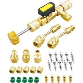 Valve Core Remover Installer Tool Kit with Dual Size SAE 1/4" & 5/16" Port Brass Adapter, A/C Refrigerant Split Adapter Tank Adapter Fit for R134A R410A R22 R12 R404 R32