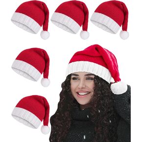 5 Pcs Knitted Santa Hat Christmas Beanie Hat with Pom Pom Xmas Holiday Party Stocking Cap for Adults