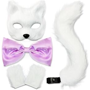 Cat Costume for Women Therian Furry Cat Mask Bow Cat Paw Gloves Long Tail Women's Cat Fox Outfit Set for Halloween